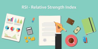 RSI Göreceli Güç Endeksi iş kavramı illüstrasyon koşulları çalışma grafiği grafik para kağıt iş üzerinde yazma iş adam el ile