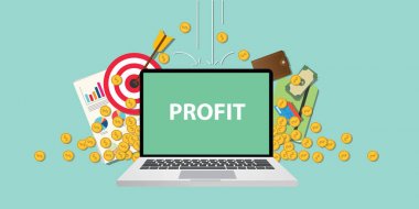 iş iş simgesini para altın sikke düşen gökyüzü ve grafik belgeleri belge ve hedefleri ile dizüstü ekran üzerinde metin ile illüstrasyon kar