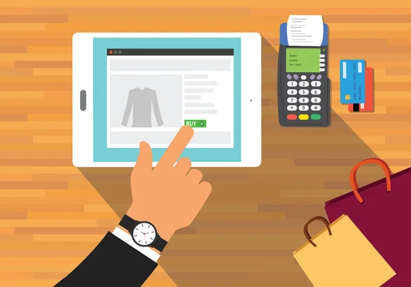 Konsep mobile commerce ilustrasi dengan mesin pembayaran dan tas belanja - Stok Vektor