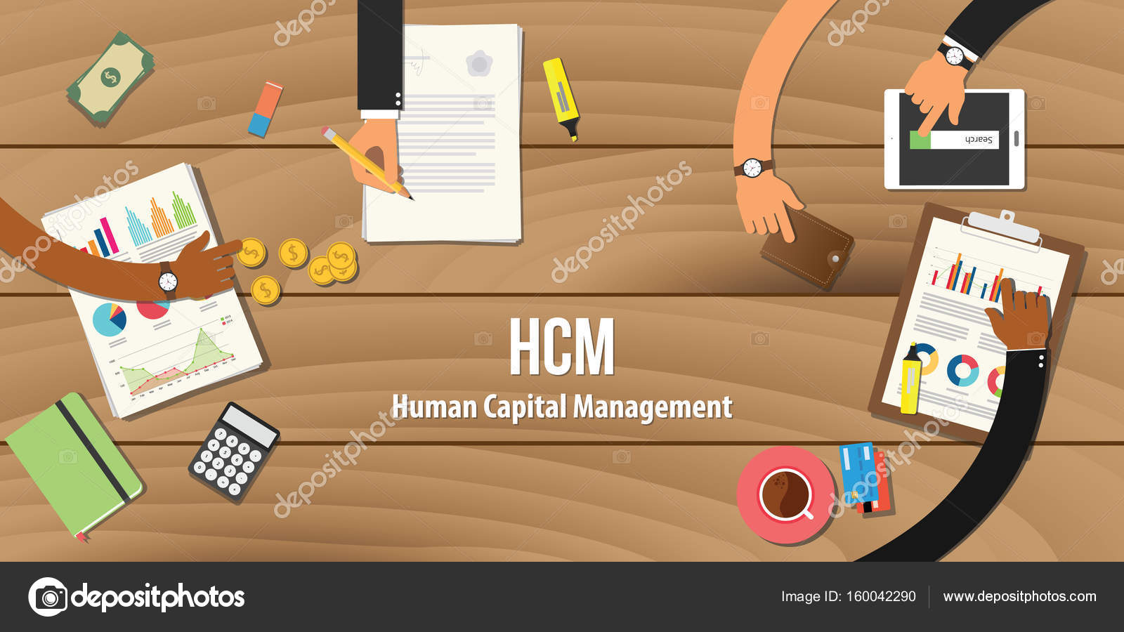 HCM gestione del capitale umano illustrazione team lavorare insieme con mano sulla tavola di legno con il vettore di moneta d oro di denaro carta