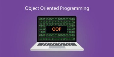 OOP Nesne yönelimli programlama kavramı illüstrasyon dizüstü bilgisayar ya da dizüstü bilgisayar ve programlama kodu ikili işareti 0 ve 1 ile