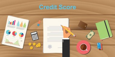 grafik ve grafik para ile paper work ve kahve ahşap masa üstünde kalemle çalışan iş adam el ile skor konsept illüstrasyon kredi
