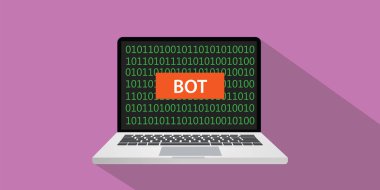 bot konsept illüstrasyon dizüstü comuputer ve metin üstünde perde düz stil ile afiş ve uzun gölge