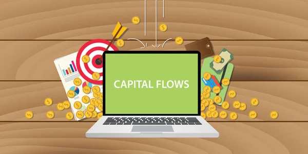 Ilustração de fluxos de capital com texto na tela do laptop com ícone de negócios moeda de ouro caindo do céu e gráfico documento de papelada e objetivos —  Vetores de Stock