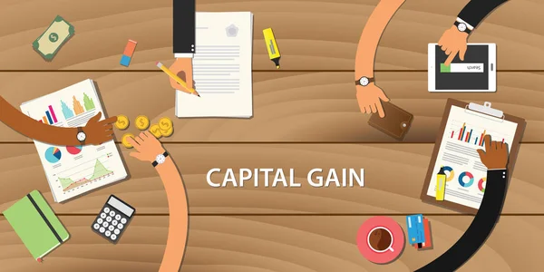 Concepto de ilustración de ganancia de capital con el trabajo en equipo junto con el documento de trabajo en papel con el gráfico y el gráfico de dinero en la parte superior de la mesa de madera — Vector de stock