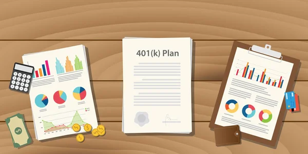 401 k Plan Illustrationskonzept mit Papierkram mit Diagramm und Diagramm und Geldrechner oben auf der Tabelle — Stockvektor