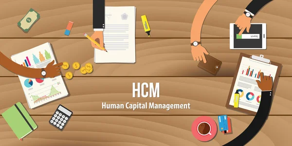 A equipe da ilustração da gestão do capital humano do hcm trabalha junto com a mão na tabela de madeira com moeda do ouro do trabalho do gráfico do dinheiro —  Vetores de Stock