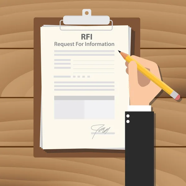 Rfi-Anfrage nach Informationsillustration mit Geschäftsmann bei der Unterzeichnung einer Papierarbeit auf Klemmbrett auf Holztisch — Stockvektor