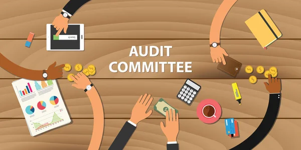 Comité de auditoría ilustración equipo de trabajo junto con la mano en la mesa de madera con dinero gráfico de papel moneda de oro — Vector de stock