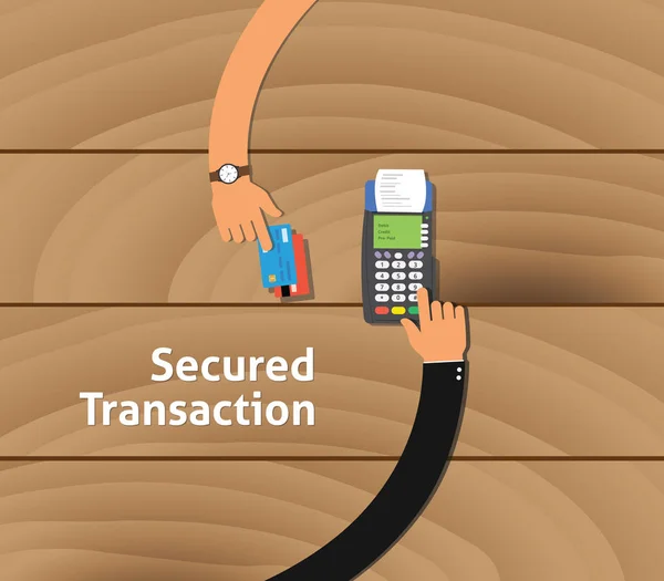 Ilustración de transacción segura con dos hombres de negocios a mano utilizando la máquina de pago y la tarjeta de crédito — Archivo Imágenes Vectoriales