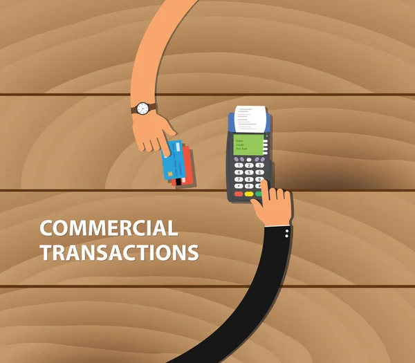 Kommersiella transaktioner illustration med två business man handen med betalning machine och kreditkort — Stock vektor