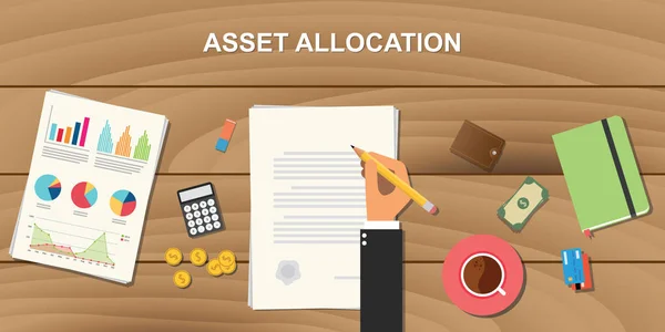 Illustration des Asset Allocation Konzepts mit einem Geschäftsmann, der an einem Papierdokument mit Diagrammdiagramm und Geld auf einem Holztisch arbeitet und ein Papier unterzeichnet — Stockvektor