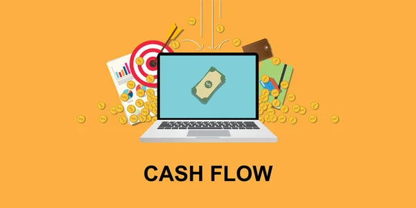 Cashflow concept illustratie met laptop en geld om scherm met gouden munten, doelen doelgroep, papierwerk als achtergrond die vallen uit de hemel — Stockvector