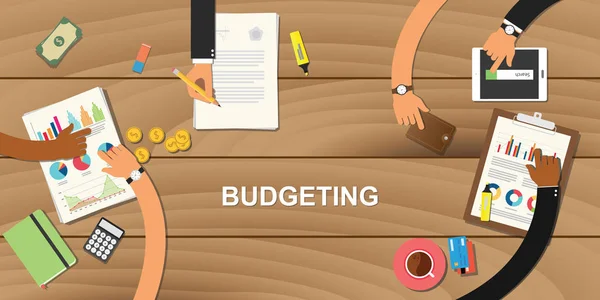 Illustration de concept d'affaires de budgétisation avec le travail d'équipe ensemble au-dessus de la table en bois avec la main et utiliser des outils comme l'argent, calculatrice, papier, graphique et graphique — Image vectorielle