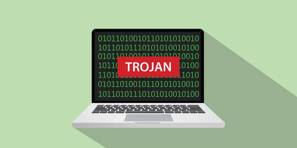 Trojanische Hacker-Illustration mit Laptop und rotem Schild auf Laptop-Bildschirm mit Binärcode als Hintergrund — Stockvektor