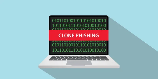 Klon-Phishing-Konzept Illustration mit Laptop-Comuputer und Textbanner auf dem Bildschirm mit flachem Stil und langem Schatten — Stockvektor