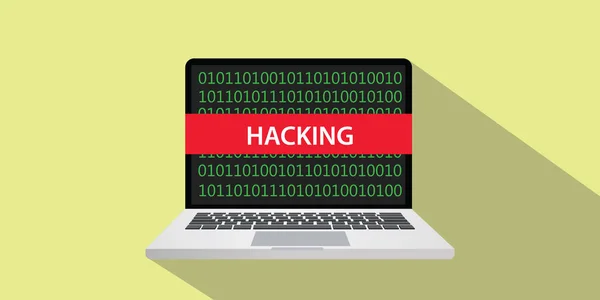 Hacking-Konzept Illustration mit Laptop comuputer und Textbanner auf dem Bildschirm mit flachem Stil und langem Schatten — Stockvektor