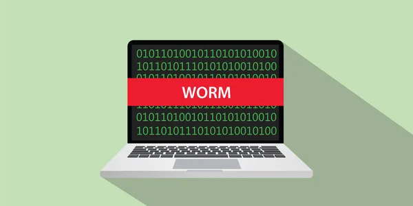 Worm hacking technique concept illustration with laptop comuputer and text banner on screen with flat style and long shadow — Stock Vector