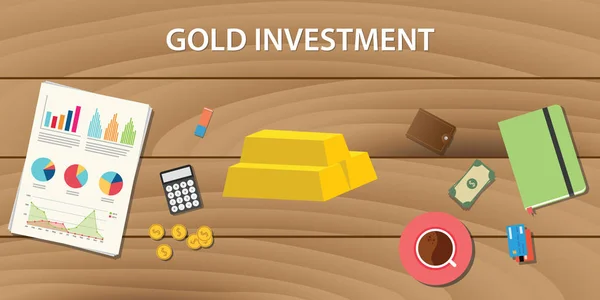 Investimento em ouro com barra de ouro com trabalho de papel gráfico e mesa de madeira como fundo —  Vetores de Stock