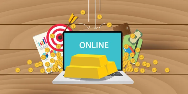 Investimento em ouro online com barra de ouro e laptop e ilustração de negócios — Vetor de Stock