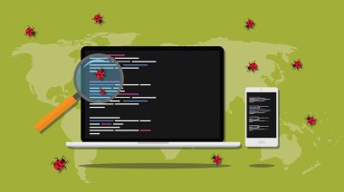 Debugging searching bugs in programming software development vector graphic illustration clipart svg vector 