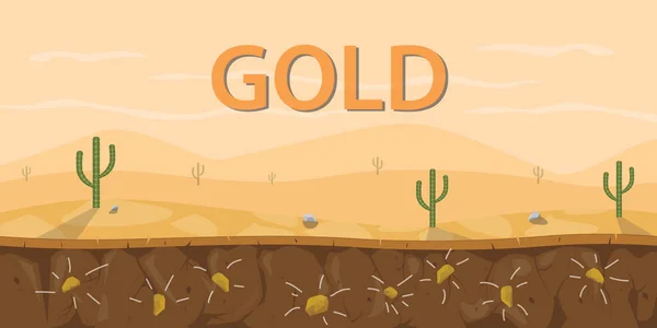 Gold mine stone soil layer with cactus on desert area — Stock Vector