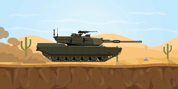 M1 abrams tank, amerikai harckocsi a köd, füst az úton a sivatagban — Stock Vector