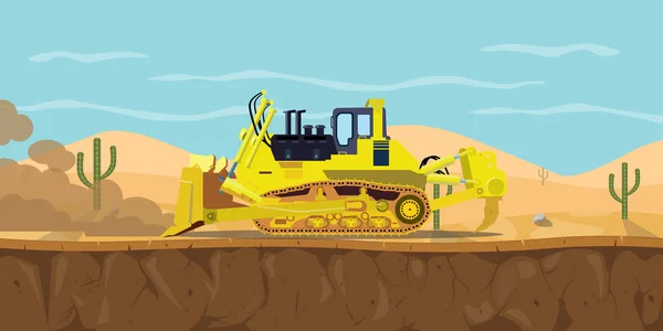 A bulldozer heavy equipment on desert with cactus as background — Stock Vector