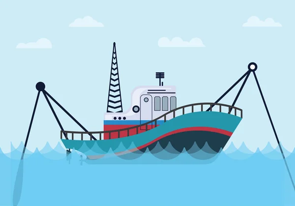 Barco de pesca en el mar con el océano azul y el estilo plano ilustración gráfica vectorial — Vector de stock