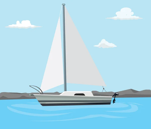 Bulut ve düz stil ile mavi denizde yelkenli tekne — Stok Vektör