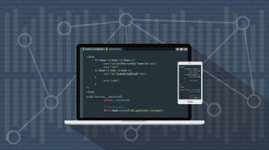 Php hypertext preprocessor programming language with laptop notebook and smartphone vector graphic illustration clipart svg vector 