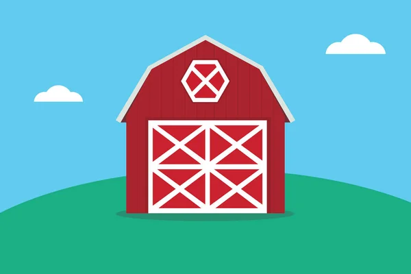 Plochá červená stodola na vrcholu hory zeleně — Stockový vektor