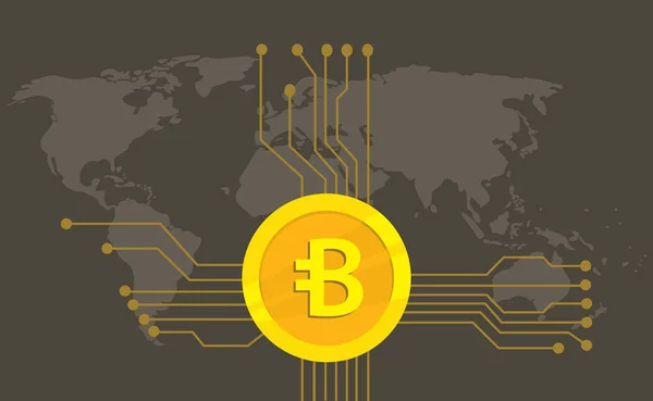Bytecoin kryptovaluta varumärke ikon alternativet med gyllene mynt och elektroniska peka med världen karta bakgrund — Stock vektor
