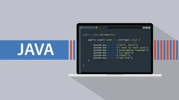 带有膝上型计算机和代码脚本的 Java 编程语言在屏幕矢量图上 — 图库矢量图片