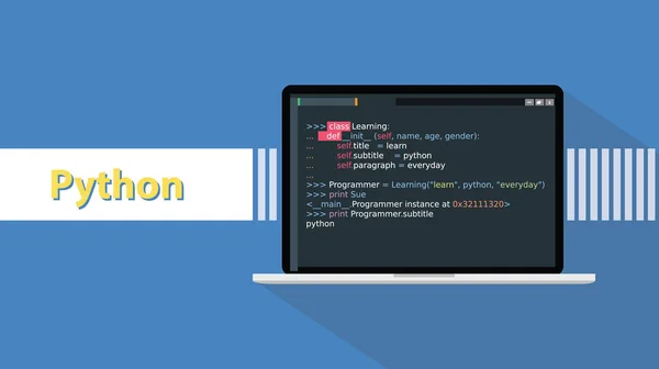 Python programowania języka z przykładowym kodem na tekst na ekranie — Wektor stockowy