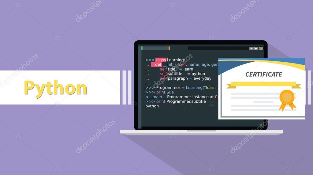 python programming language certificate certifications on paper with laptop