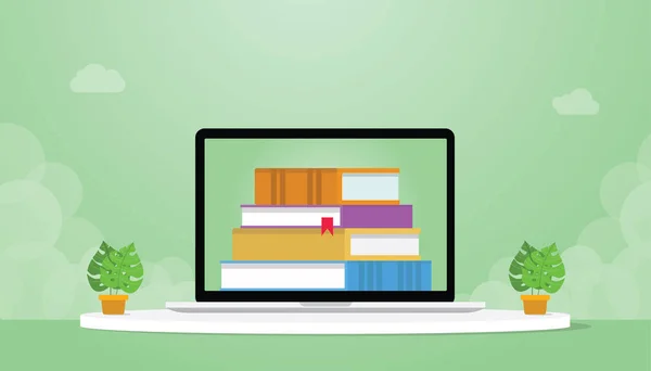 Biblioteca en línea con ordenador portátil y pila de libros con estilo plano moderno - vector — Vector de stock