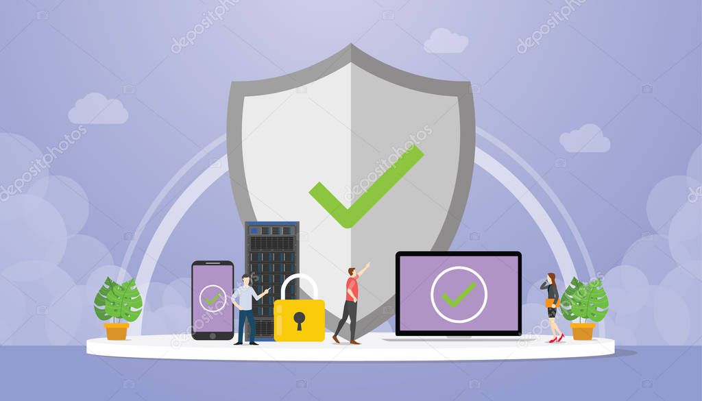 data protection concept with big shield and padlock with data server database with modern flat style - vector