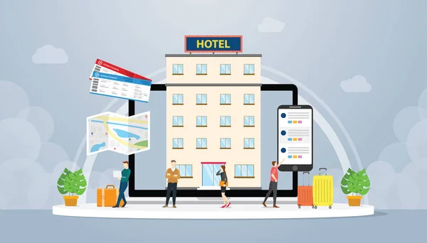 Concepto de reserva de hotel en línea con billete y smartphone y mapas con estilo plano moderno - vector — Vector de stock