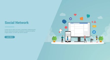 Web sitesi şablonu veya ana sayfası için insanlarla sosyal ağ kavramı ve ekranda simge - vektör