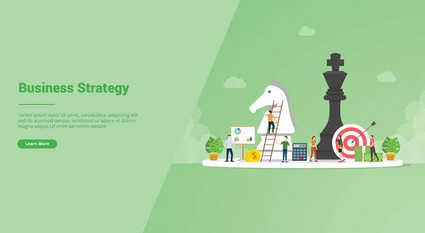 Estratégia de negócios para empresa financeira com pessoas da equipe e xadrez de peão para modelo de site ou landing homepage - vetor — Vetor de Stock