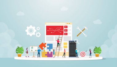 system integration information technology with engineer and server database maintenance with modern flat style - vector