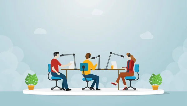 Podcast team production with people man and woman sit and discuss use mic speaker for podcasting with modern flat style - vector — Stok Vektör