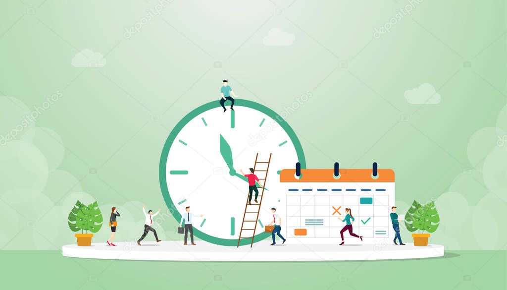 deadline concept with clock and calendar with team people work together with modern flat style - vector