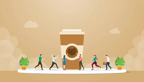Kaffeesucht mit einer Tasse hohen Kaffeeglases mit Menschen, die rennen, um mit modernem flachen Stil zu fangen - Vektor — Stockvektor