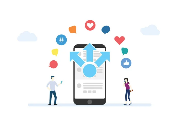 Conceito de compartilhamento de conteúdo móvel com smartphone e aplicativos de mídia social ícone com estilo plano moderno - vetor — Vetor de Stock