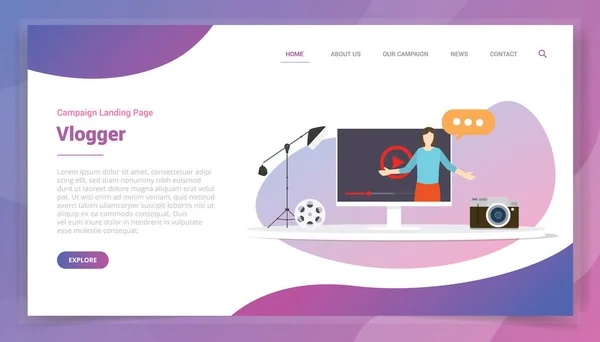 ウェブサイトのテンプレートやランディングホームページのデザインキャンペーンベクトルのためのビデオブロガーの概念 — ストックベクタ