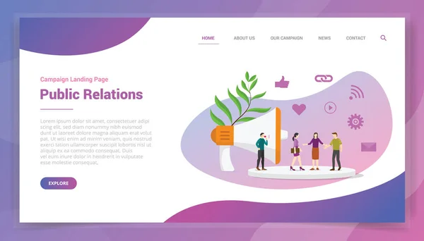 Public Relations Website Template Landing Homepage Design Campaign Vector — Stock Vector