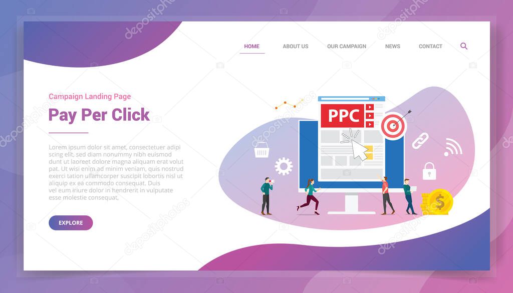 ppc pay per click or paid per click for website template or landing homepage design campaign vector