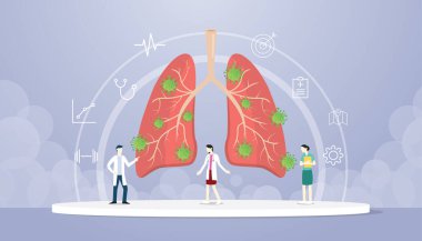 Coronavirus covid-19 hastalık virüsü doktor ekibiyle birlikte modern düz stil vektör ile sağlık hasarlı organları analiz ediyor.